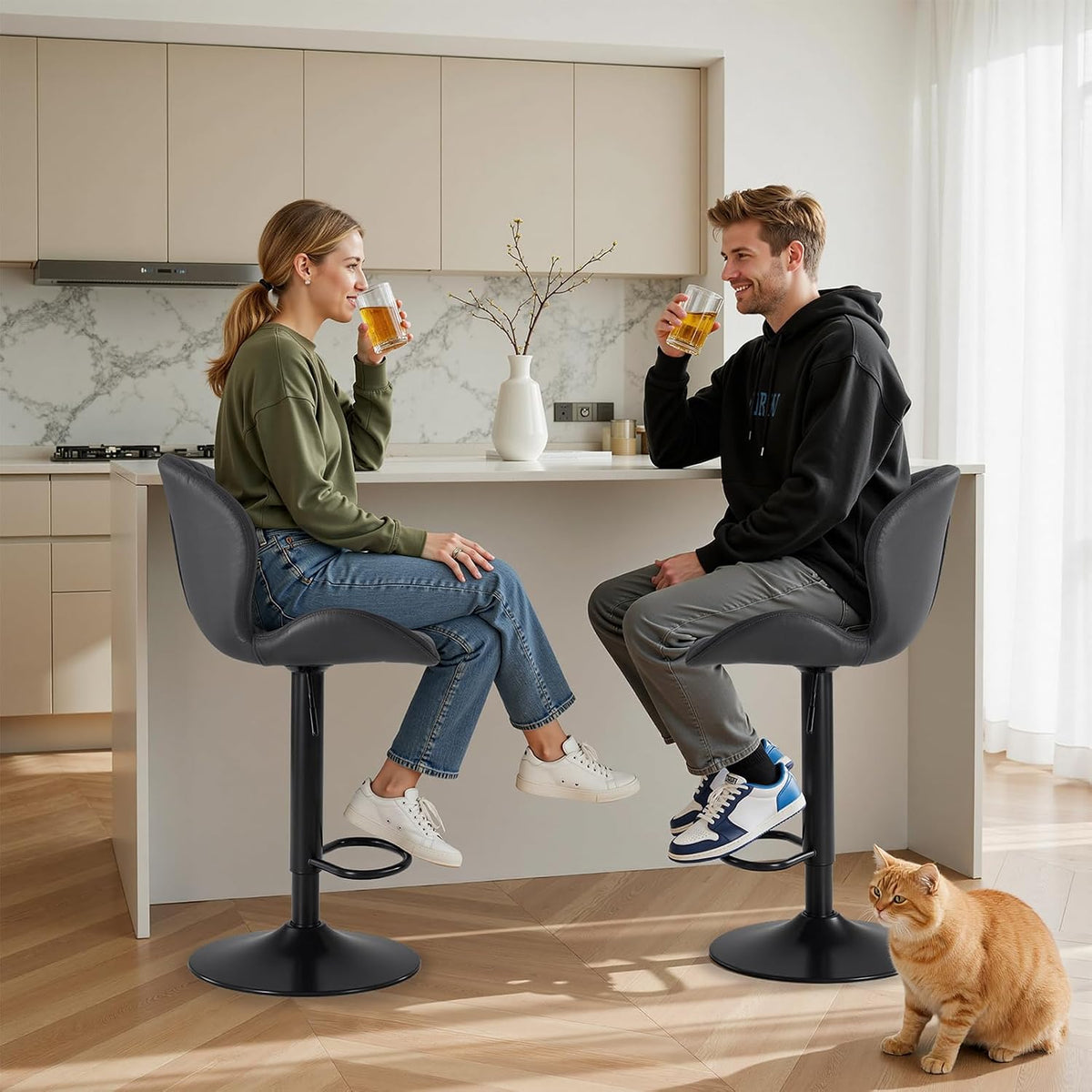 Sweetcrispy Bar Stools Set of 4, Swivel Adjustable Height Fabric Bar Chair