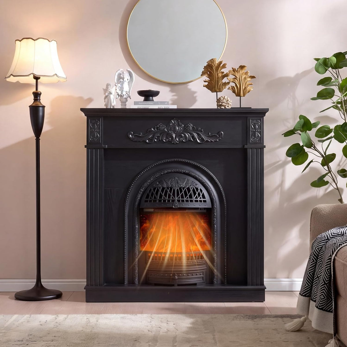 45" Birdcage-Style Electric Fireplace with Mantel, Tall Fireplace TV Stand