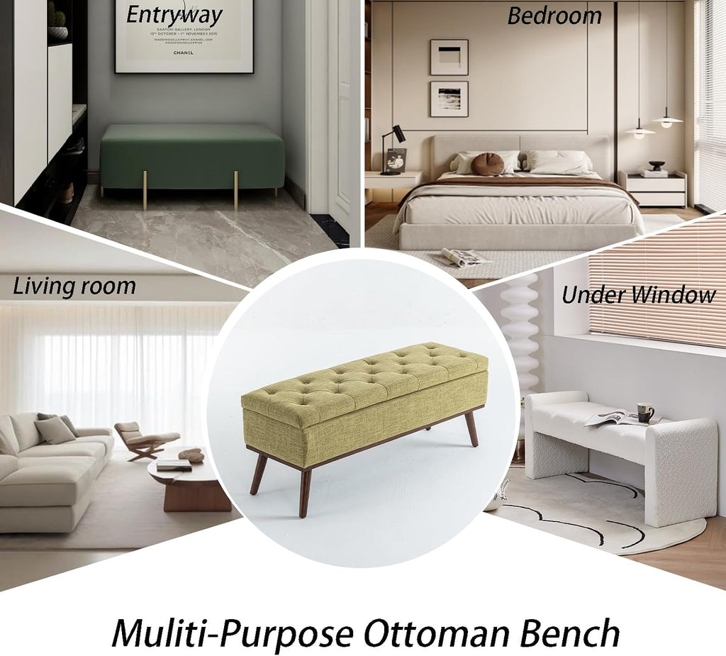 45.5" Olive Green Mid Century Modern Storage Bench for Bedroom, Linen