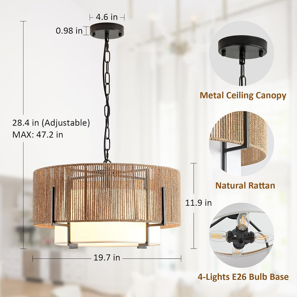4-light rattan chandelier for dining room, 19.7" boho shown in use