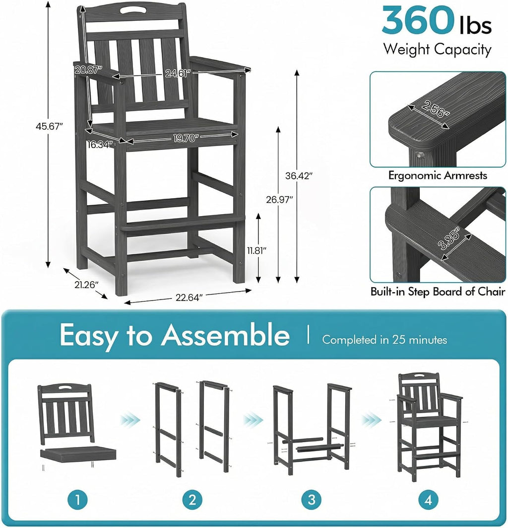 Ciokea Bar Height Adirondack Chair, 380lbs Heavy Duty Tall Bar Chair Patio Stool with Arms & High Back, All-Weather Outdoor Chair for Bar Table, Balcony, Poolside,Dark Grey