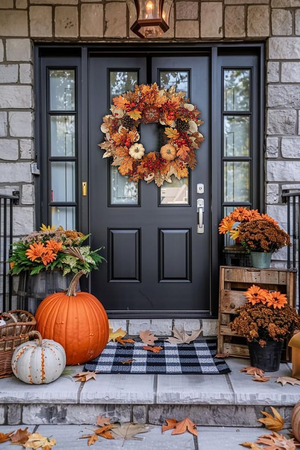 22" Artificial Fall Wreath for Front Door Autumn Harvest Wreath with Pumpkin Oak Maple Leaf Pine Cones Eucalyptus Berry for Halloween Thanksgiving Day Indoor Outdoor Farmhouse Window Wall Décor