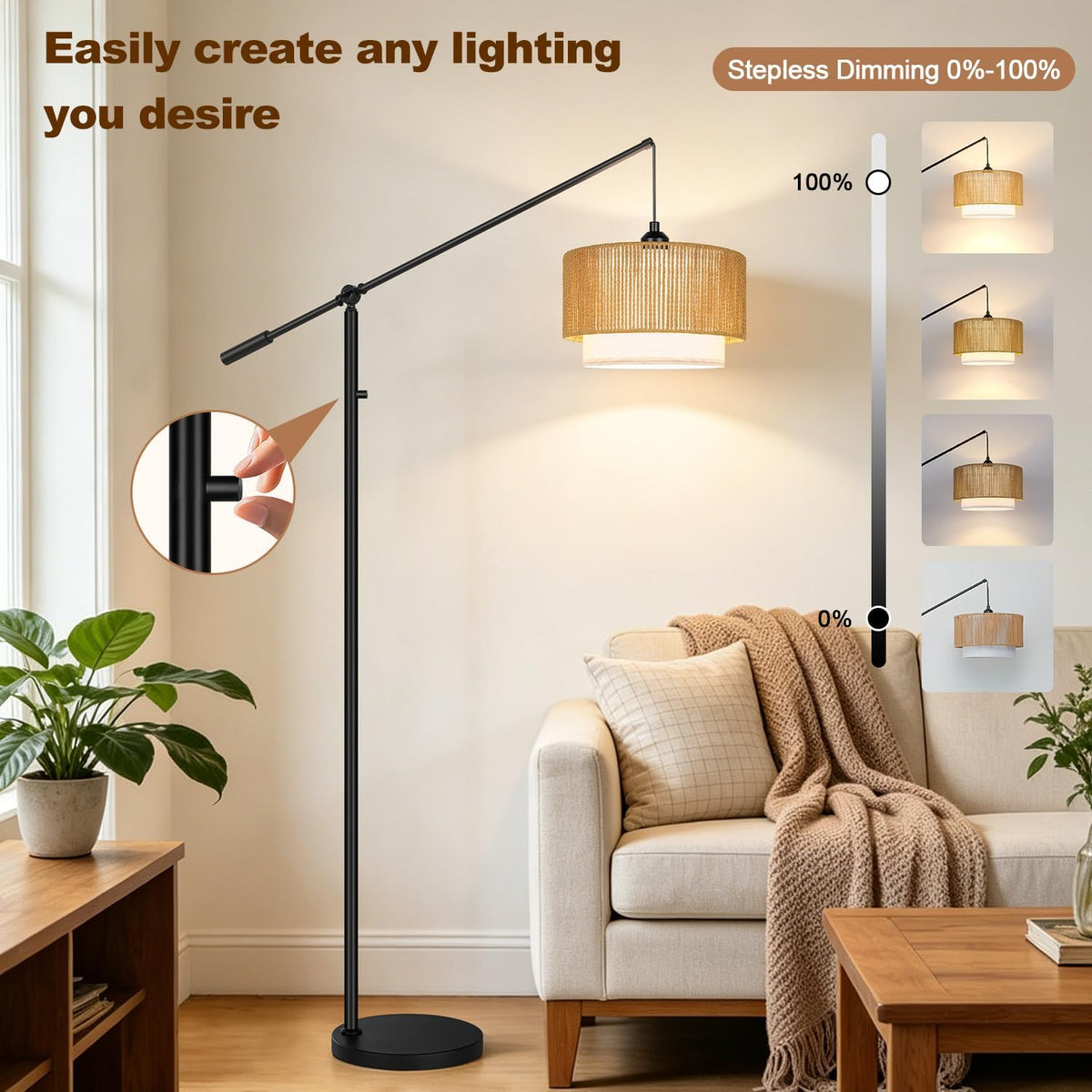 【Upgraded】Boho Dimmable Floor Lamps with Adjustable Swing Arm, 1100 Lumens Bulb Included, Modern Standing Lamp with Rattan & Fabric Shades, Farmhouse Tall Arc Floor Lamp for Living Room Bedroom, Black