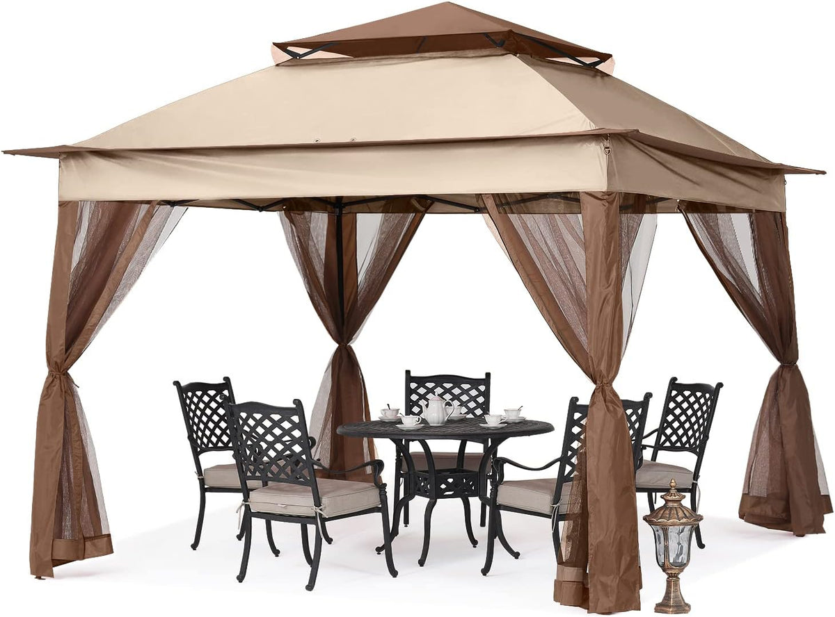 MASTERCANOPY 11x11 ft Pop Up Gazebo with Netting Screen Walls, Champagne