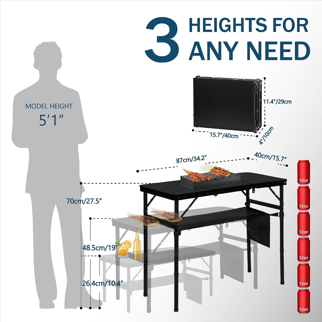 LOFTEY 3 ft Folding Camping Table, Portable Camp Table, Adjustable Height