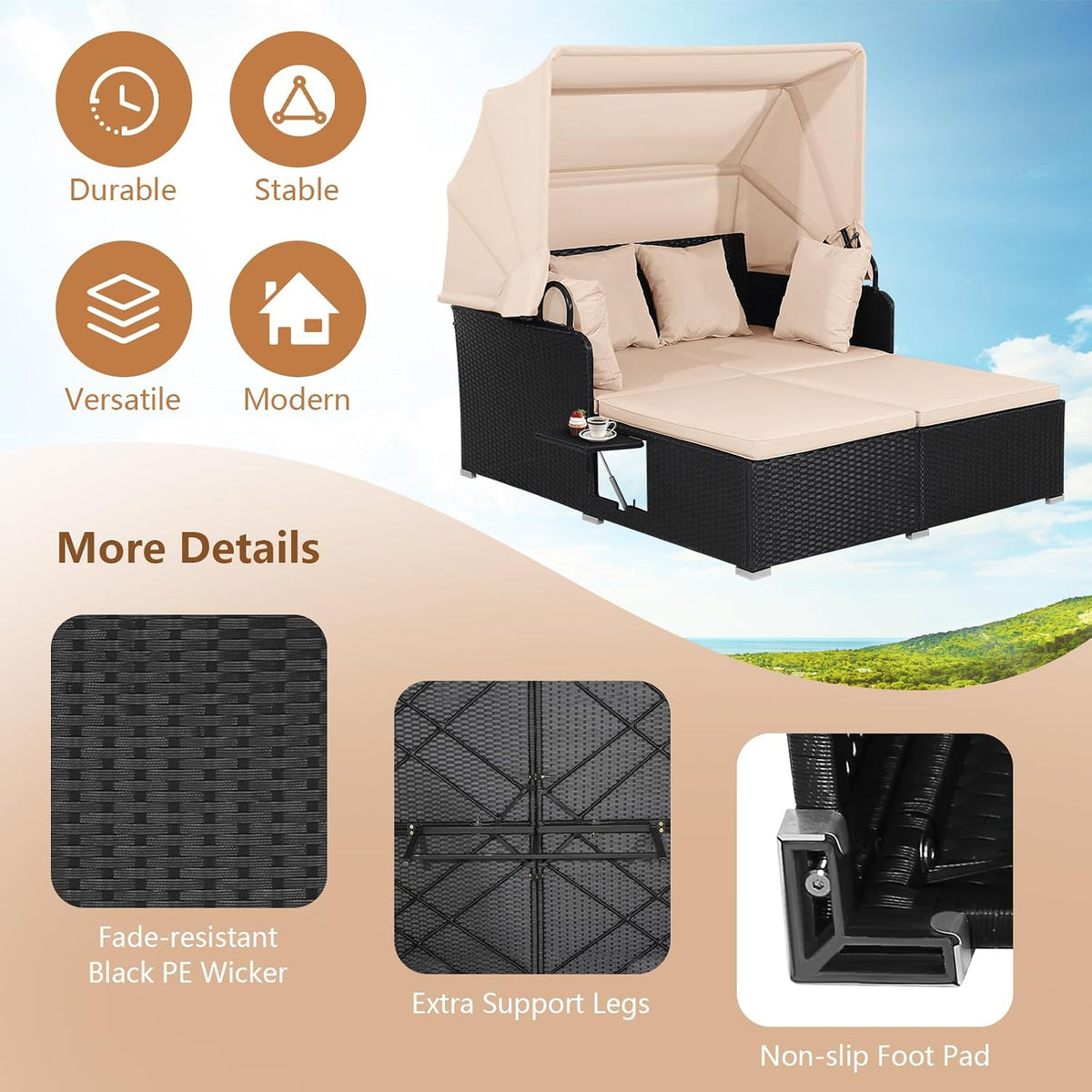 HAPPYGRILL Outdoor Wicker Lounge Daybed, Hand-Woven PE Rattan Daybed, Patio Loveseat Sofa Set with Retractable Canopy & 2 Side Tables, Outdoor Sun Lounger with Soft Cushions (Beige)