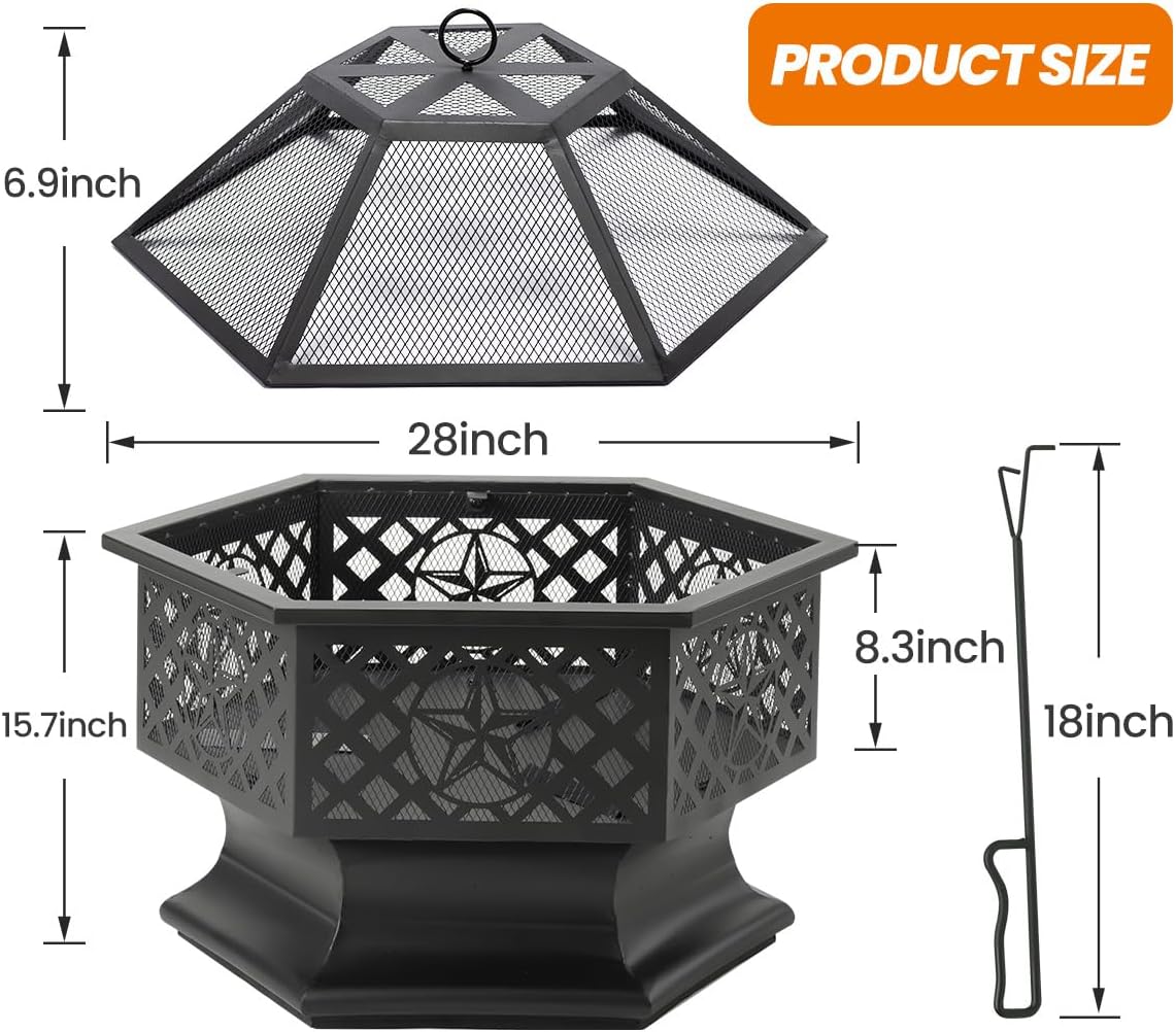 Panovue 28 Inch Hexagonal Fire Pit with Spark Screen&Fire Poker Black
