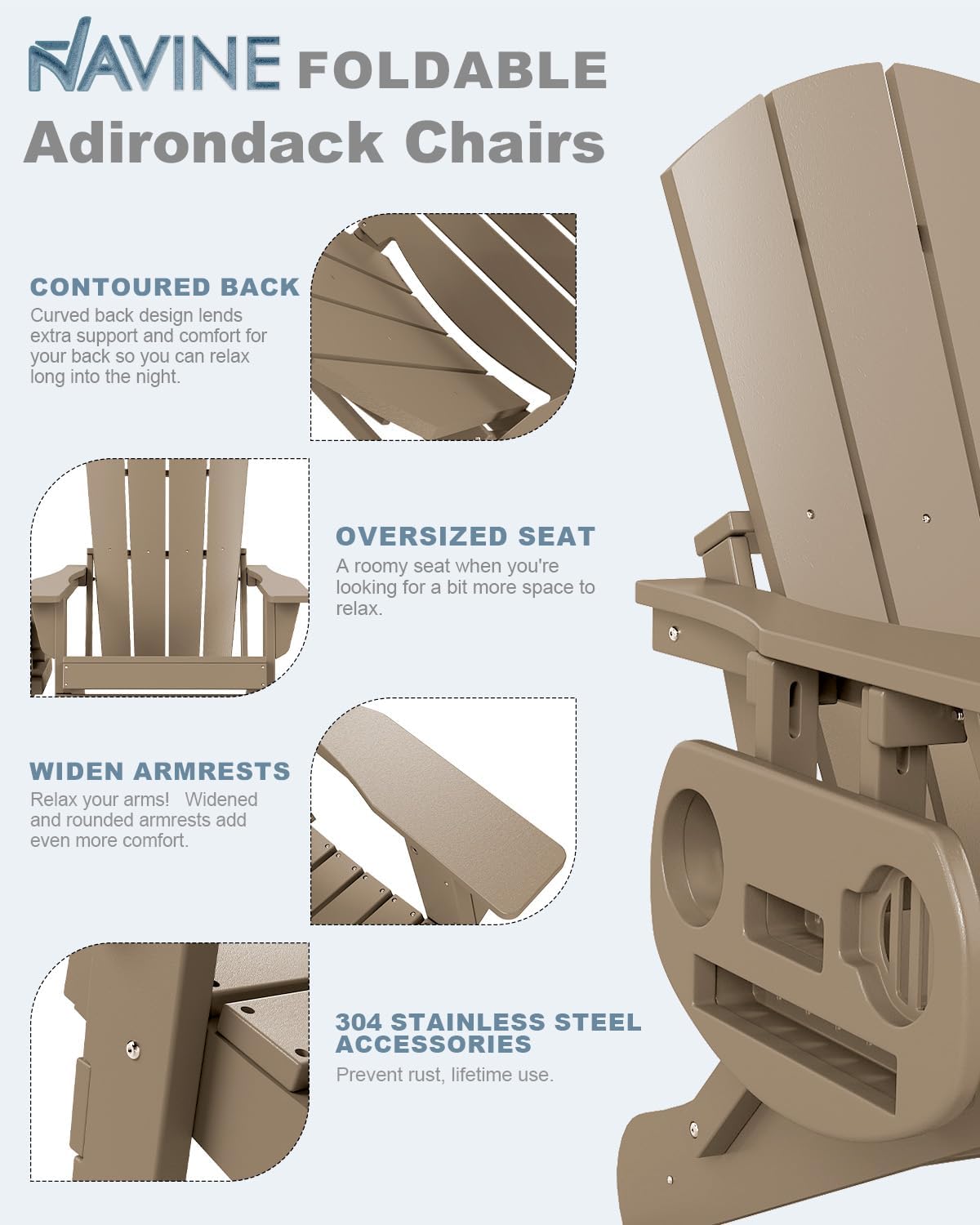 NAVINE Folding Adirondack Chairs Set of 4 with 4-in-1 Cup Holder, Brown