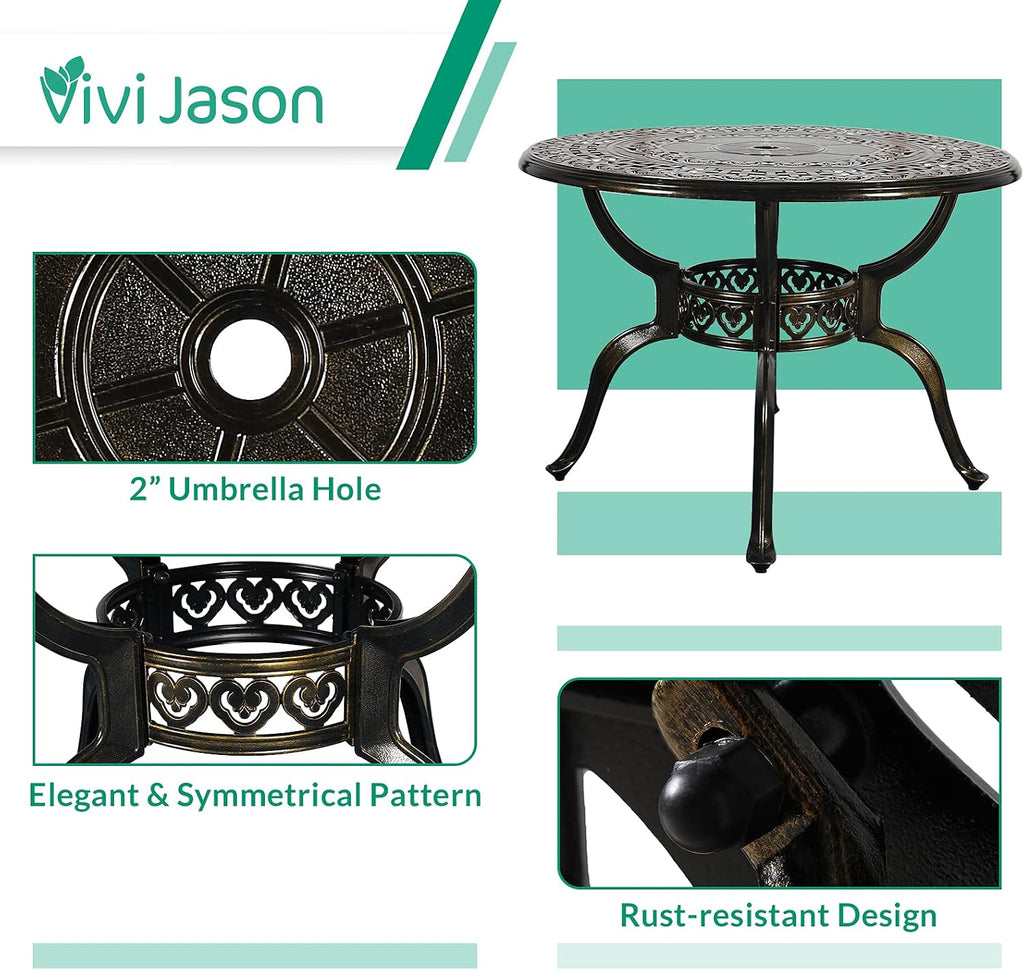 VIVIJASON 5-Piece Outdoor Patio Furniture Dining Set, All-Weather Cast Aluminum Conversation Set, Include 4 Chairs and 38.5" Round Table w/Umbrella Hole for Balcony, Lawn, Garden, Backyard