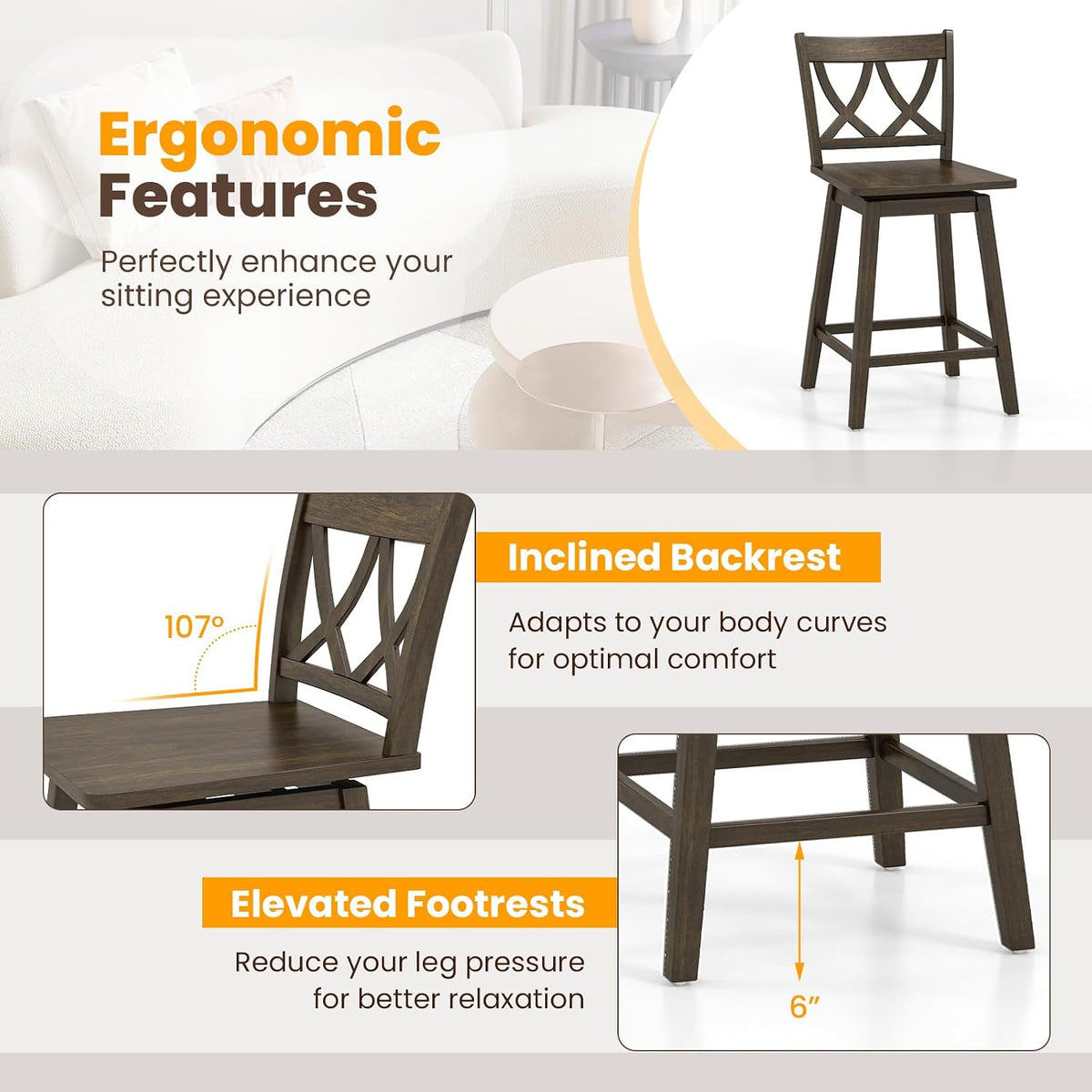 GIANTEX 24" Bar Stools Set of 2, Swivel Wooden Bar Chairs with Rubber Wood Frame, Footrest & Ergonomic Backrest, Counter Height Barstools for Kitchen Island, Restaurant & Pub, Dark Grey