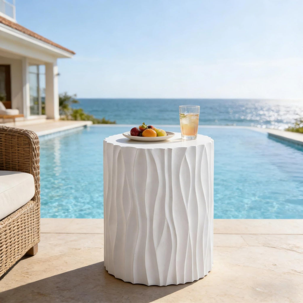 Modern Round Side Table, Outdoor End Table with Wavy Fluted Design, Multi-Use Stool Table for Living Room, Patio, Garden, Balcony, 66 LBS Capacity, Pr-Assembled, White