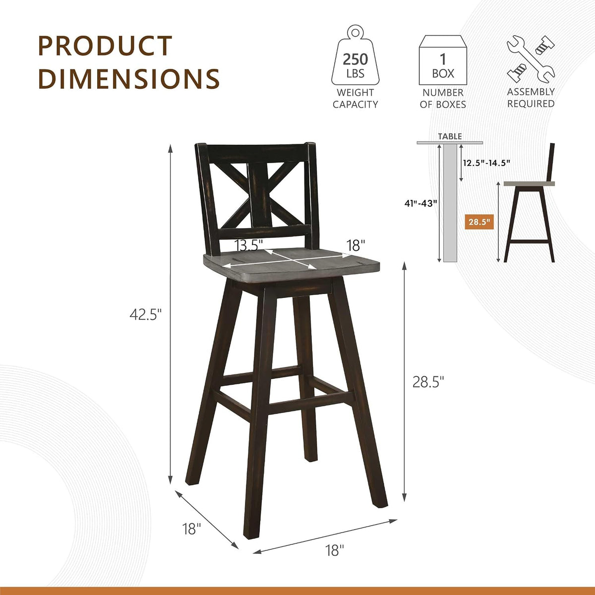 Lexicon Swivel Bar Height Stools Set of 2, X Back, Antique Black/Grey