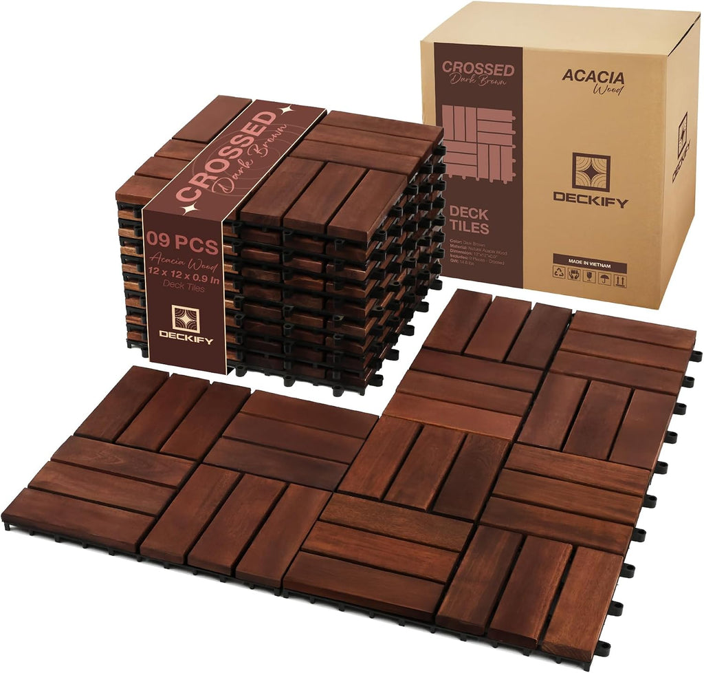 Acacia Wood Interlocking Deck Tiles Outdoor Flooring for Patio, Balcony