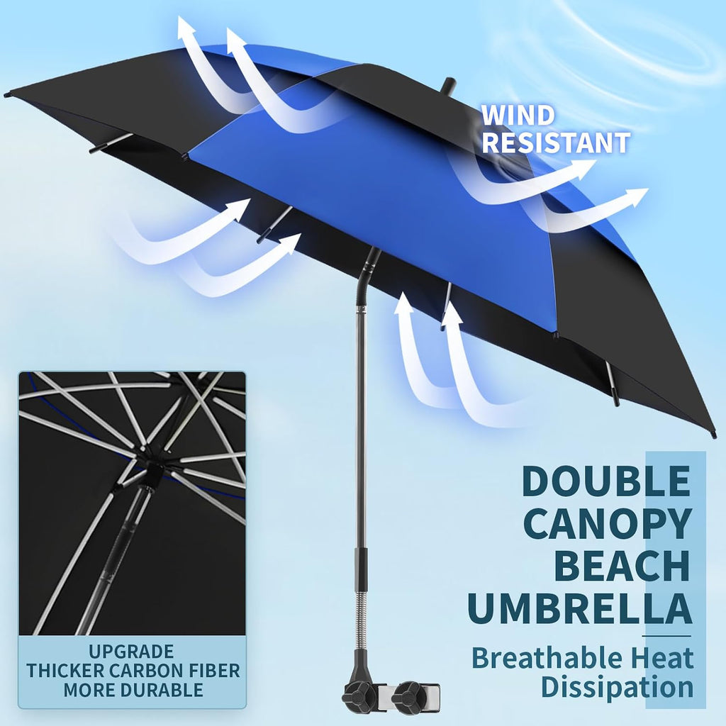 48.6" double canopy beach umbrella with clamp, upf50+ shown in use