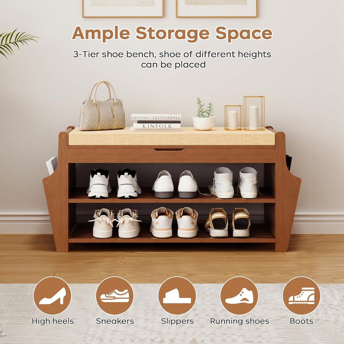 Shoe Bench 34.3in, Bamboo 3-Tier Entryway Bench with Storage, Shoe Rack