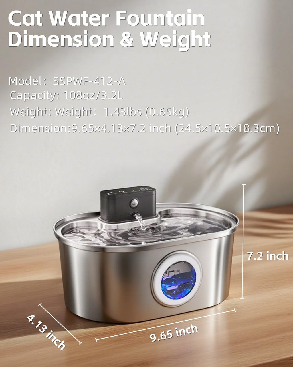 Cordless 3.2L/108oz Stainless Steel Cat Water Fountain Pet Fountain