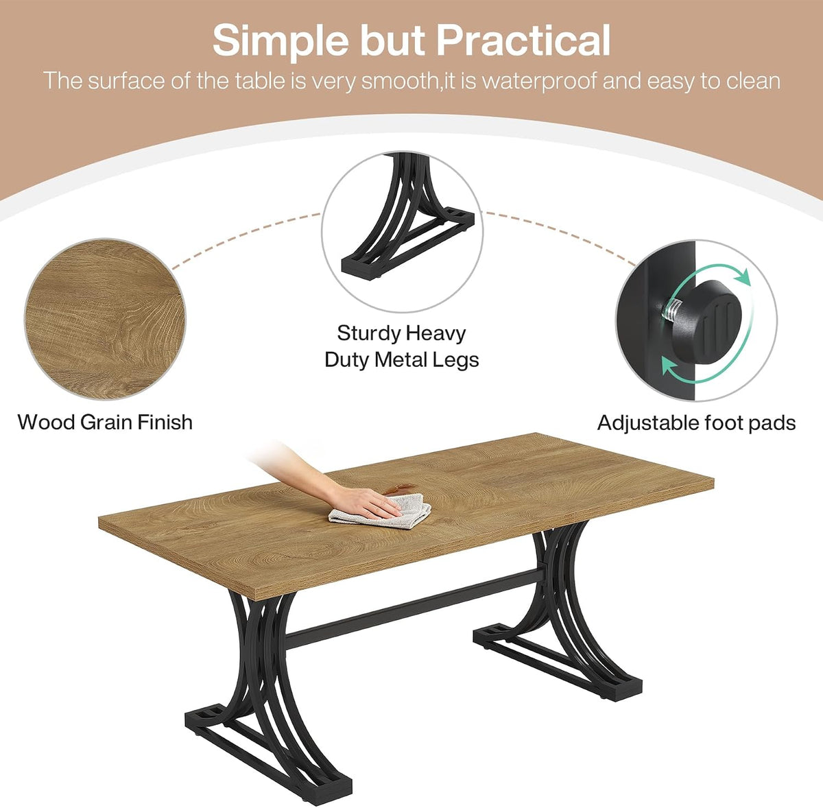 Tribesigns 63-Inch Rectangular Dining Table for 4 to 6, Modern Kitchen Table with Stylish Metal Trestle Legs, Large Dinner Table for Dining Room, Chair Not Included (Brown+Black)