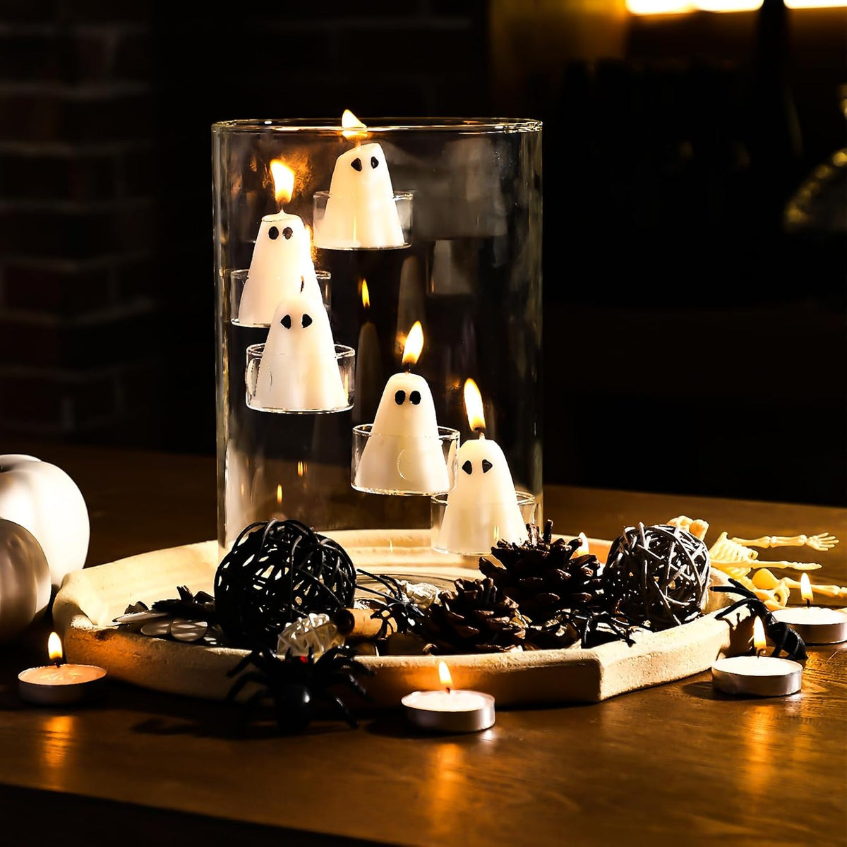 Reallnaive Halloween Glass Hurricane Candle Holder with Candles and Tea Light Clear Cylinder Pillar Candle Holder for Halloween Table Centerpiece Decorations (13 Candles,Single Style) (13 Pcs)