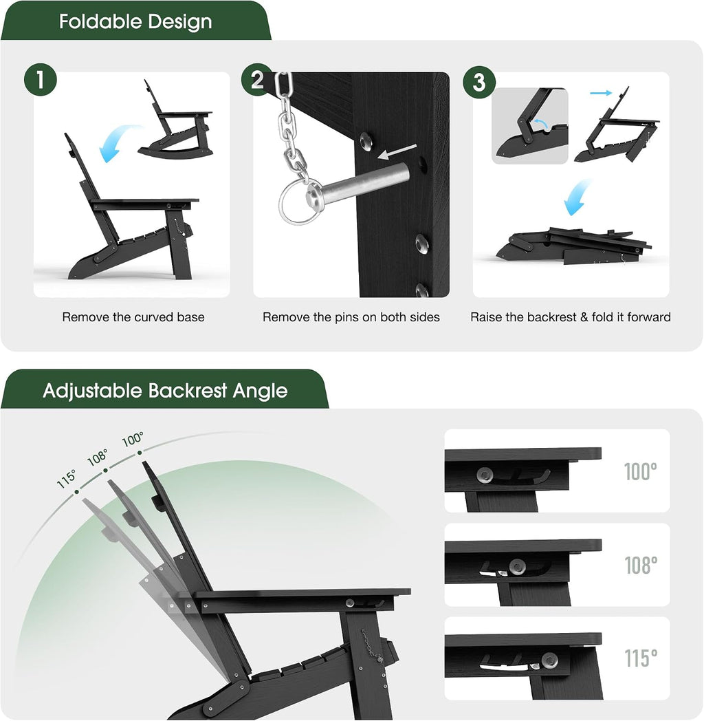 4-in-1 Adirondack Rocking Chair Set of 4, HDPE, Ottoman, Black