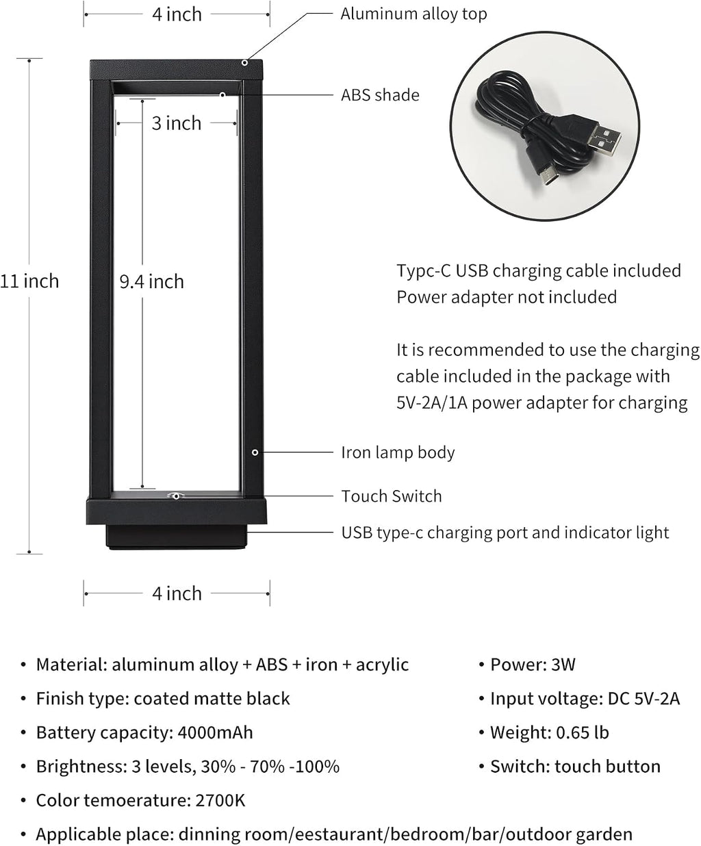 PUSU Cordless Waterproof Table Lamps Set of 2, Black LED Outdoor Desk Lamp