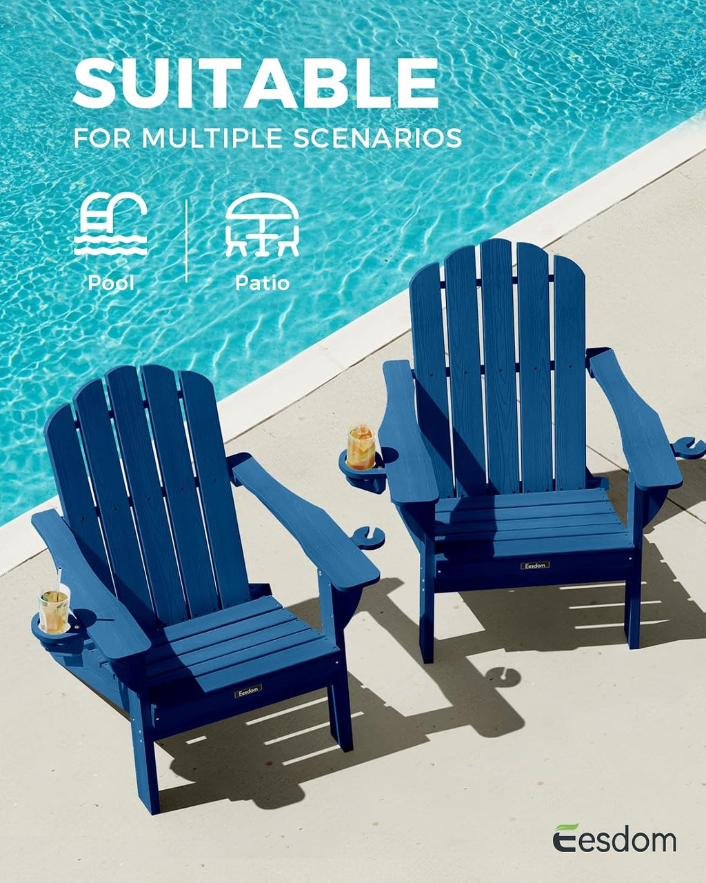 Folding Adirondack Chair, All-Weather HDPE Patio Chair with 2 Cup Holders