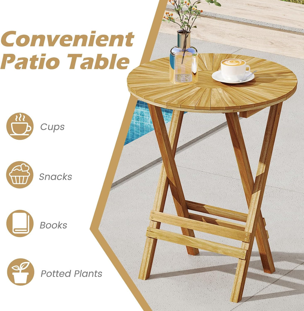 Tangkula Patio Folding Side Table, 23.5" Teak Wood Round End Table with Slatted Tabletop & X-Shaped Frame, Portable & Compact Bistro Table for Backyard, Poolside, Garden, Fully Assembled, Natural