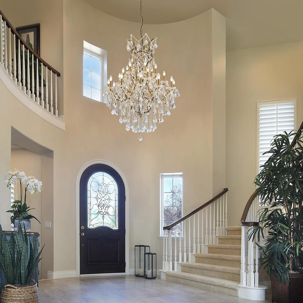 24 Lights Large Crystal Chandeliers for High Ceilings Brass Maria Theresa Chandelier Modern Chandelier Light Fixture for Foyer Living Room Hallway Entryway Staircase 55.1" H x 39.4" D