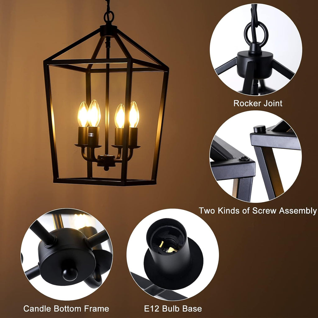 4-light black farmhouse chandelier iron lantern pendant light, side view