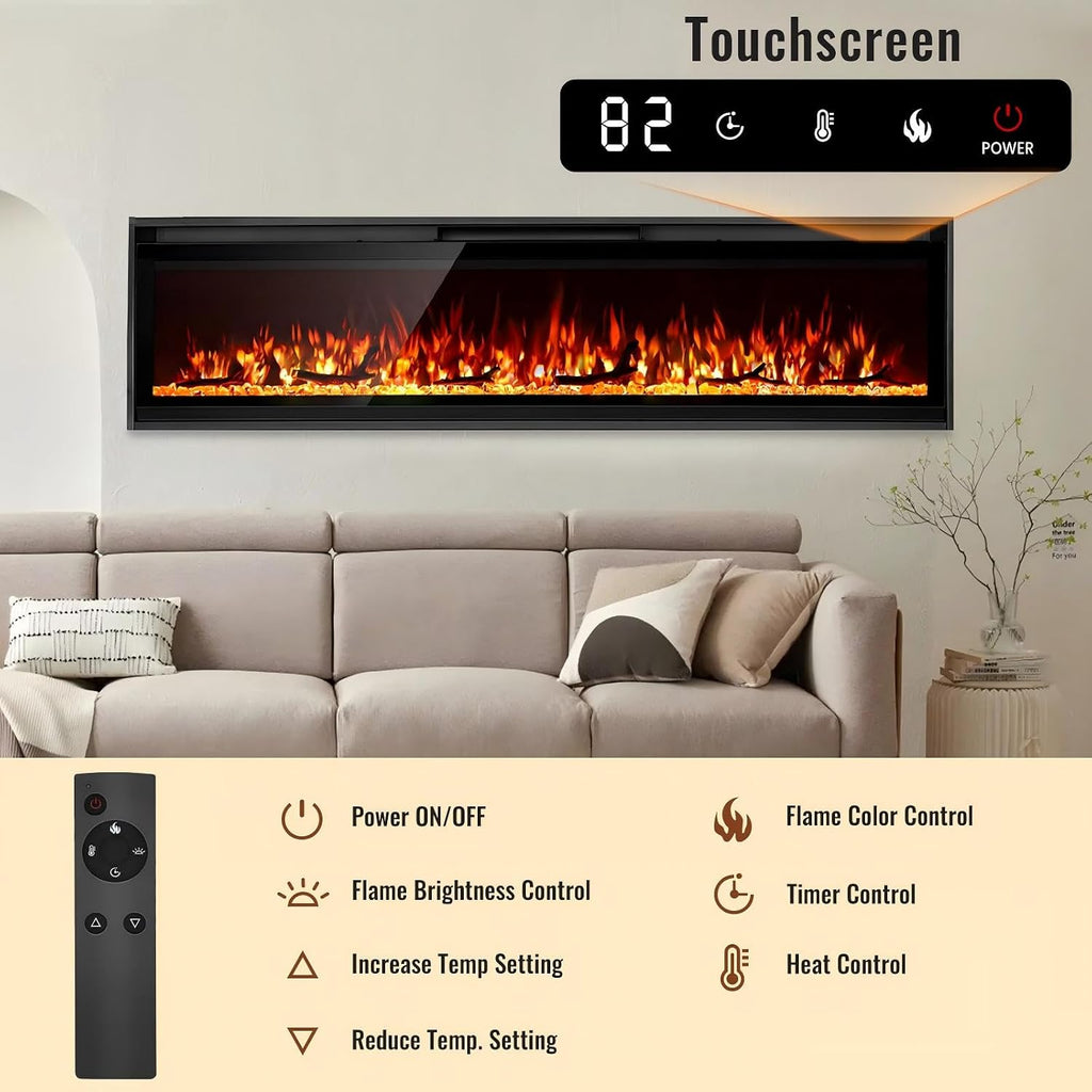TUAN 60 Inch Electric Fireplace,Ultra-Thin Electric Fireplace Inserts,Recessed & Wall-Mounted Fireplace, Adjustable Flame, Remote Control - Linear with Timer, 750/1500W