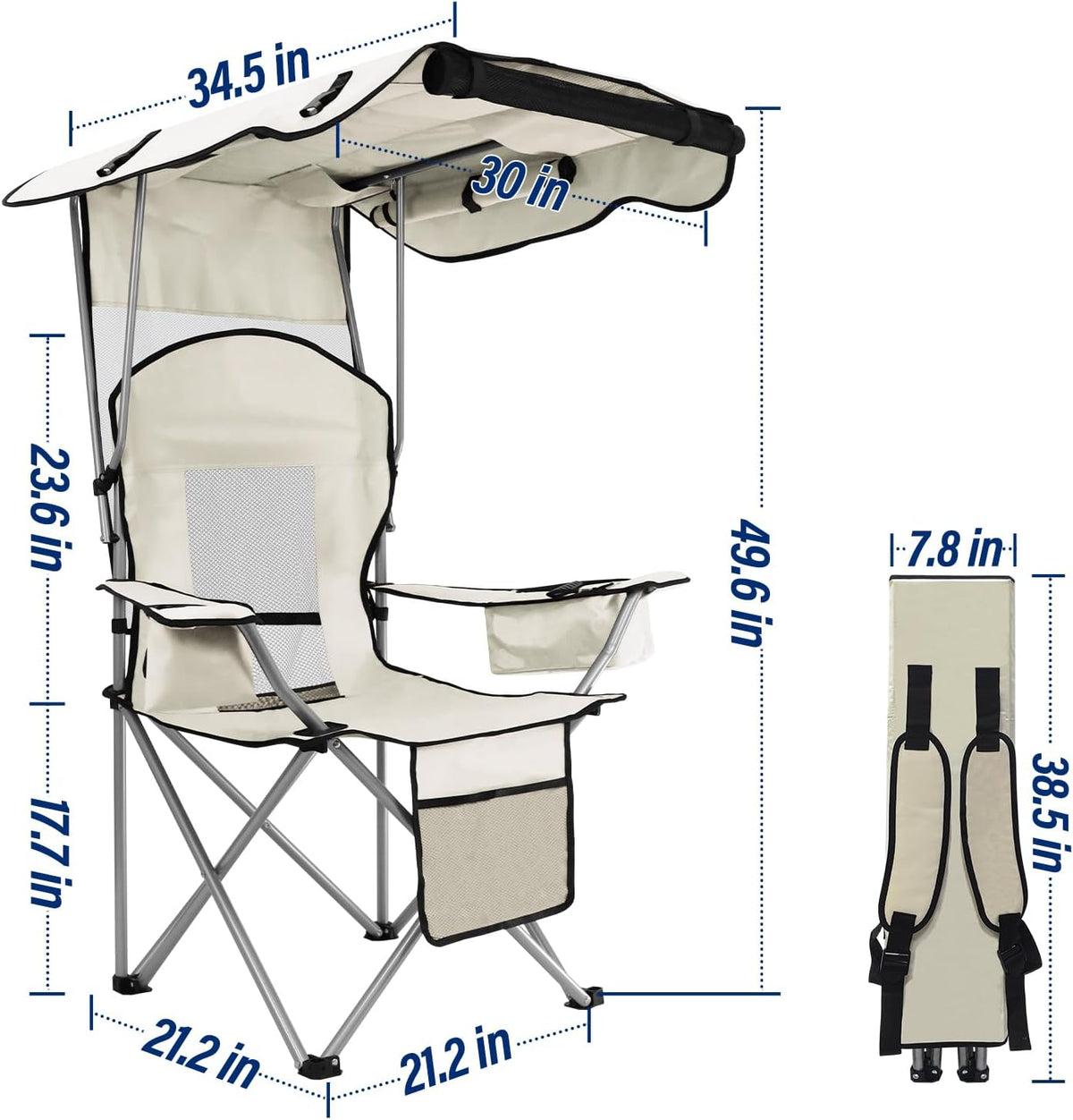 Beach Chair with Canopy Shade, Folding Camping Chair Support to 330LBS, Outdoor Chair with Cup Holder & Cooler Bag for Travel Hiking
