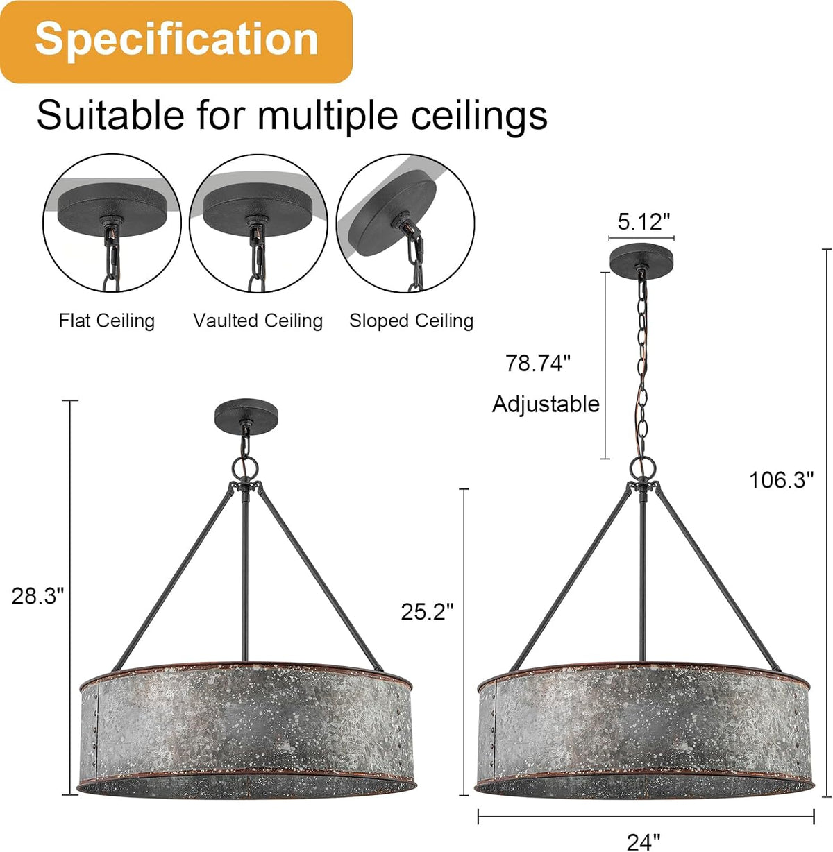 24" metal drum chandelier 5-light farmhouse chandelier for, close-up detail