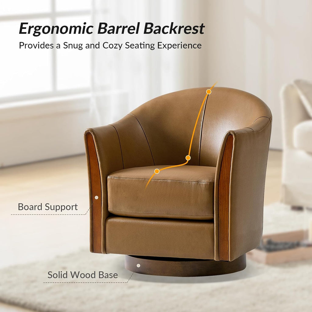 HULALA HOME Leather Swivel Accent Chairs with Wood Base Set of 2, Camel