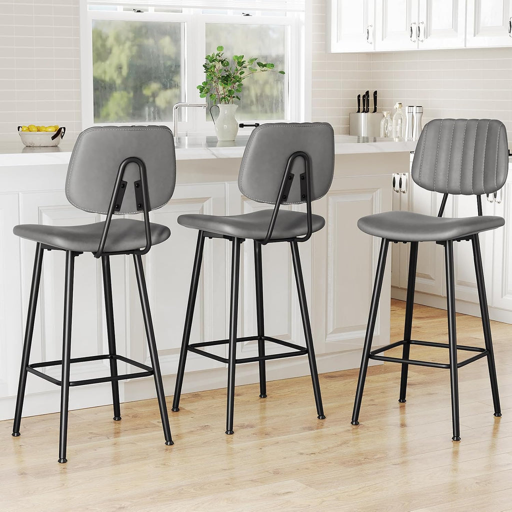 Raynesys 29-Inch Leather Bar Stools Set of 3 with High Backrest, Grey