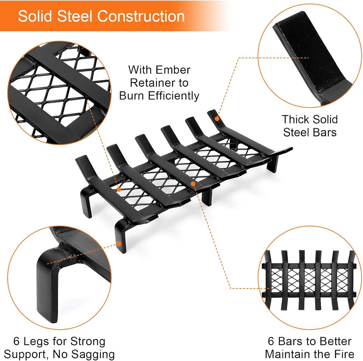 WILLOW WEAVE Fireplace Grate 17 inch with Ember Retainer, Wood Stove Grate