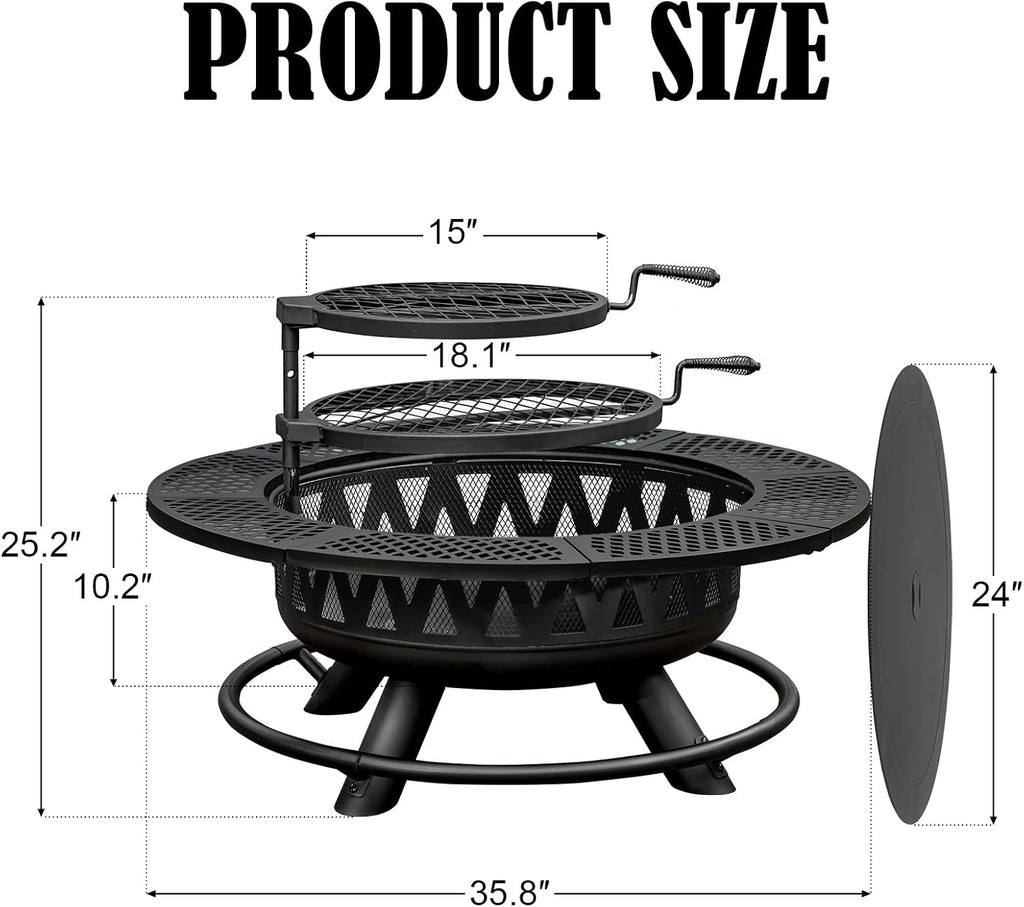36 Inch Outdoor Fire Pit with 2 Grills,Wood Burning Outside Large Fireplace