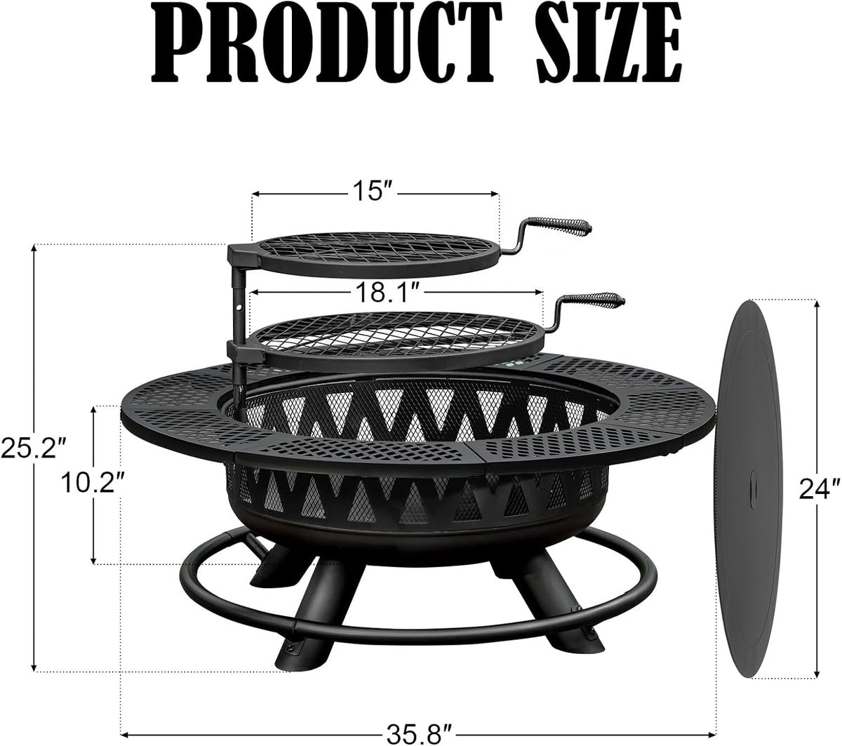 36 Inch Outdoor Fire Pit with 2 Grills,Wood Burning Outside Large Fireplace