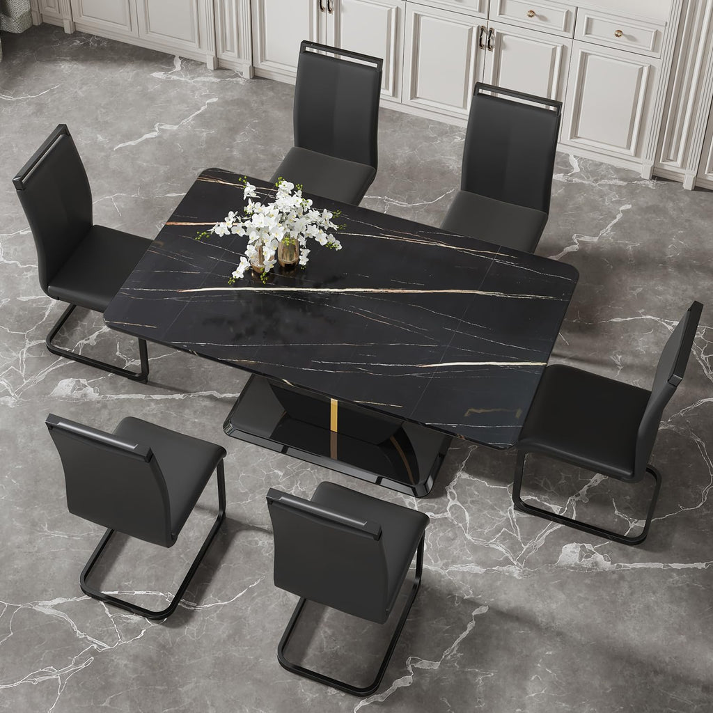 JUFU Modern Dining Table Set for 6,Rectangula Kitchen Table Set with Faux Marble Tabletop＆6 Pu Leather Upholstered Chairs Ideal for Dining Room, Kitchen