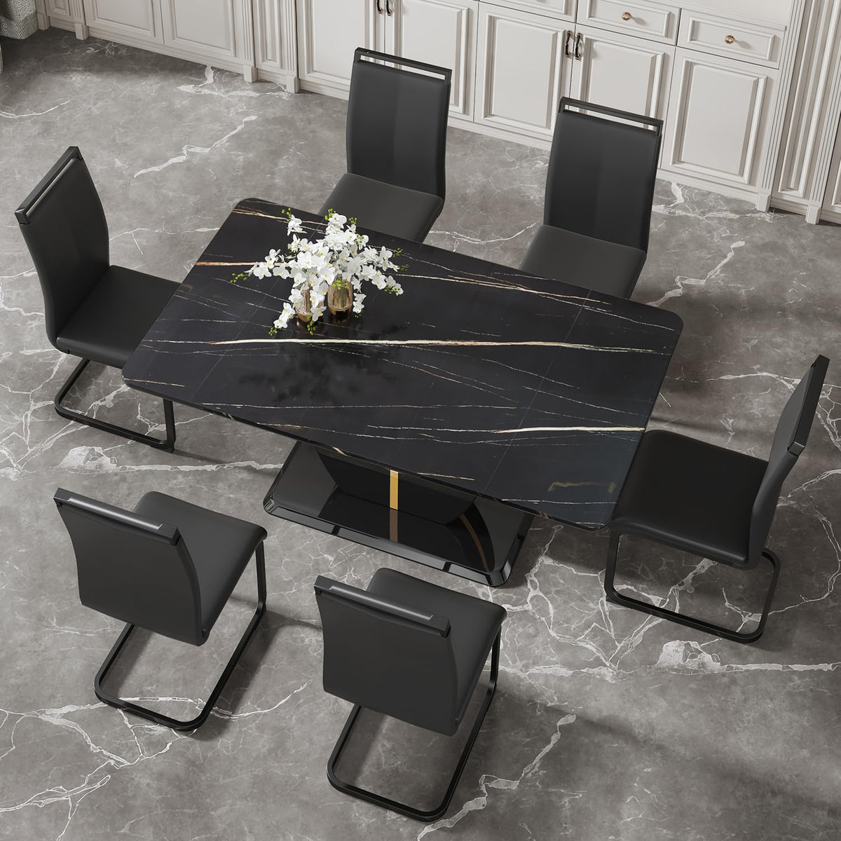 JUFU Modern Dining Table Set for 6,Rectangula Kitchen Table Set with Faux Marble Tabletop＆6 Pu Leather Upholstered Chairs Ideal for Dining Room, Kitchen