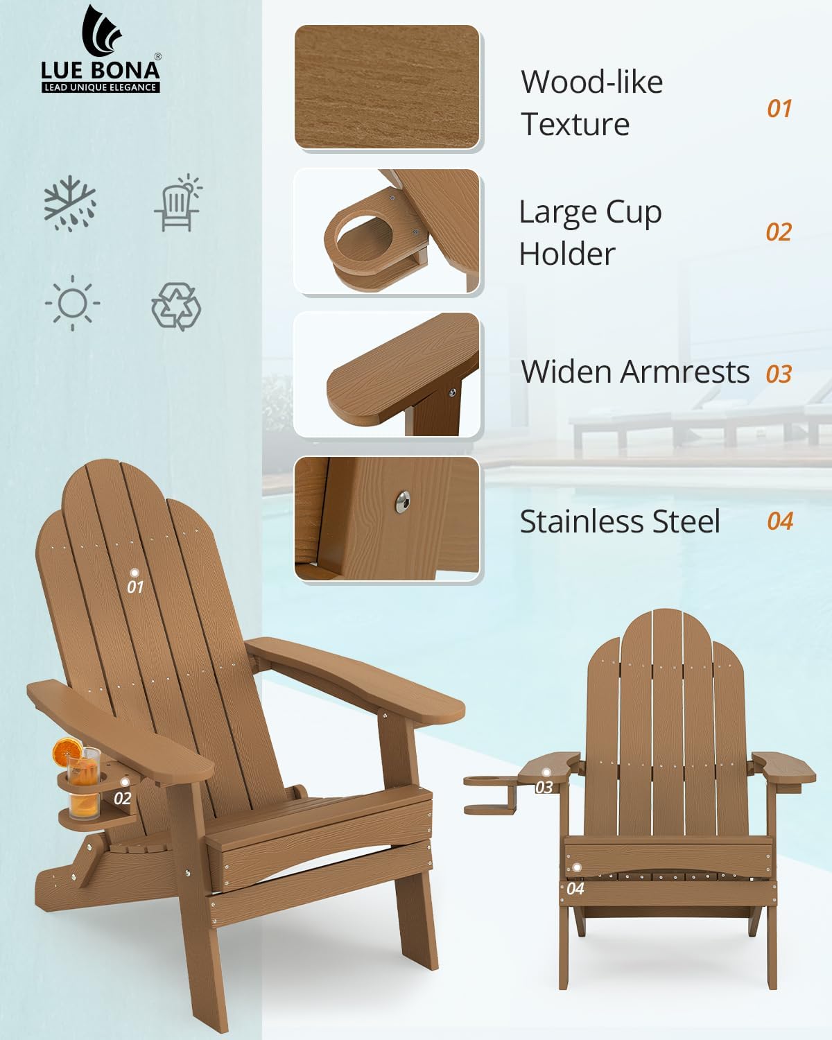 LUE BONA HDPE Folding Adirondack Chair, Cup Holder, Set of 2, Brown