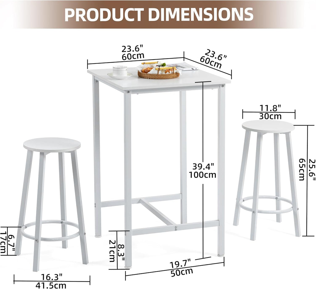 Finnhomy Bar Table Set, 23.6" Pub Table High Top Table, Square Bar Height Table, Bar Table with Stools, Kitchen Table Set for 2, Industrial Breakfast for Kitchen, Living Room, White