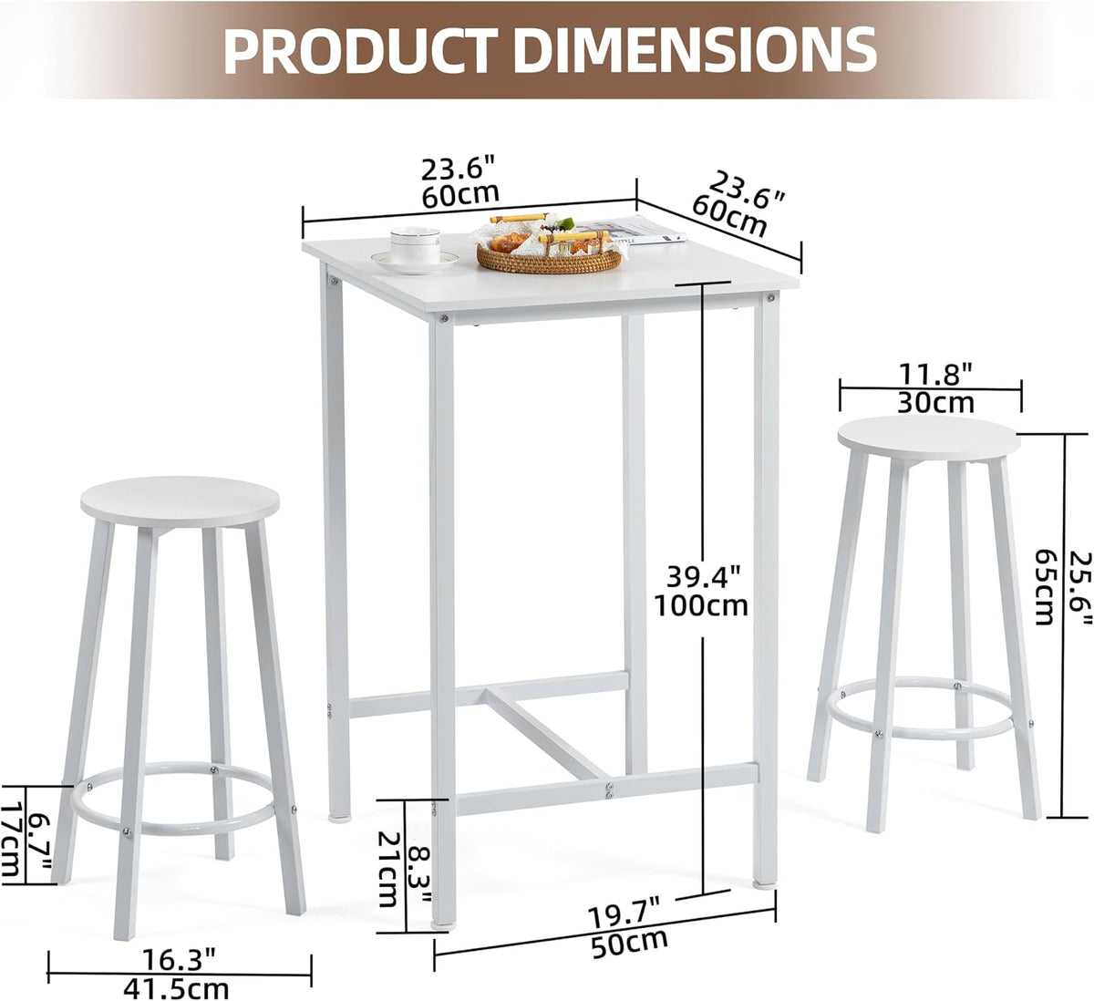 Finnhomy Bar Table Set, 23.6" Pub Table High Top Table, Square Bar Height Table, Bar Table with Stools, Kitchen Table Set for 2, Industrial Breakfast for Kitchen, Living Room, White