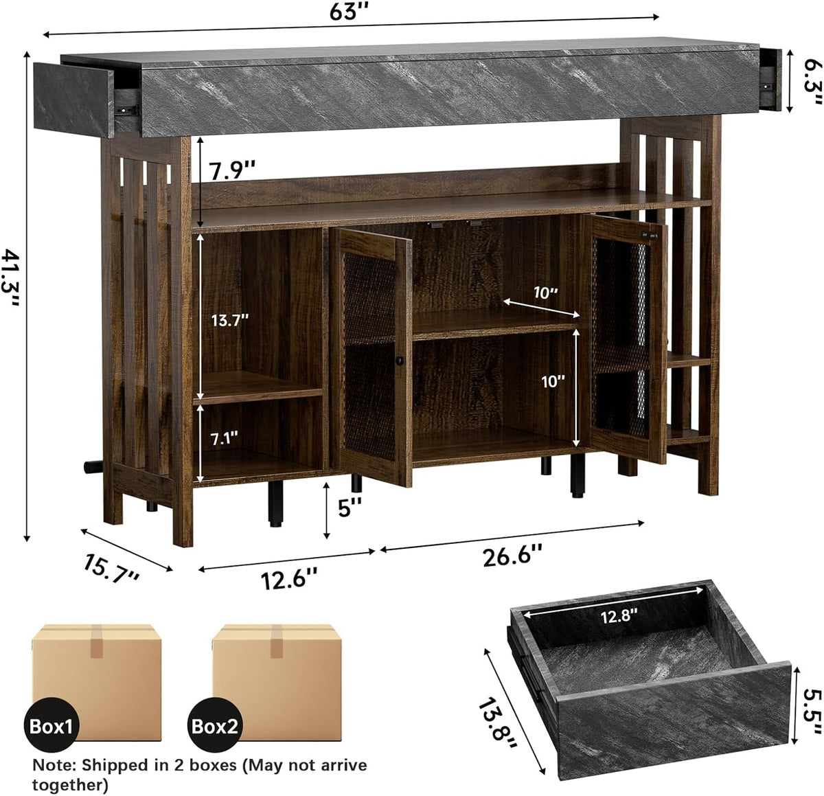 Loomie 63" Brown Bar Table Cabinet with LED, Drawers & Footrest for Home