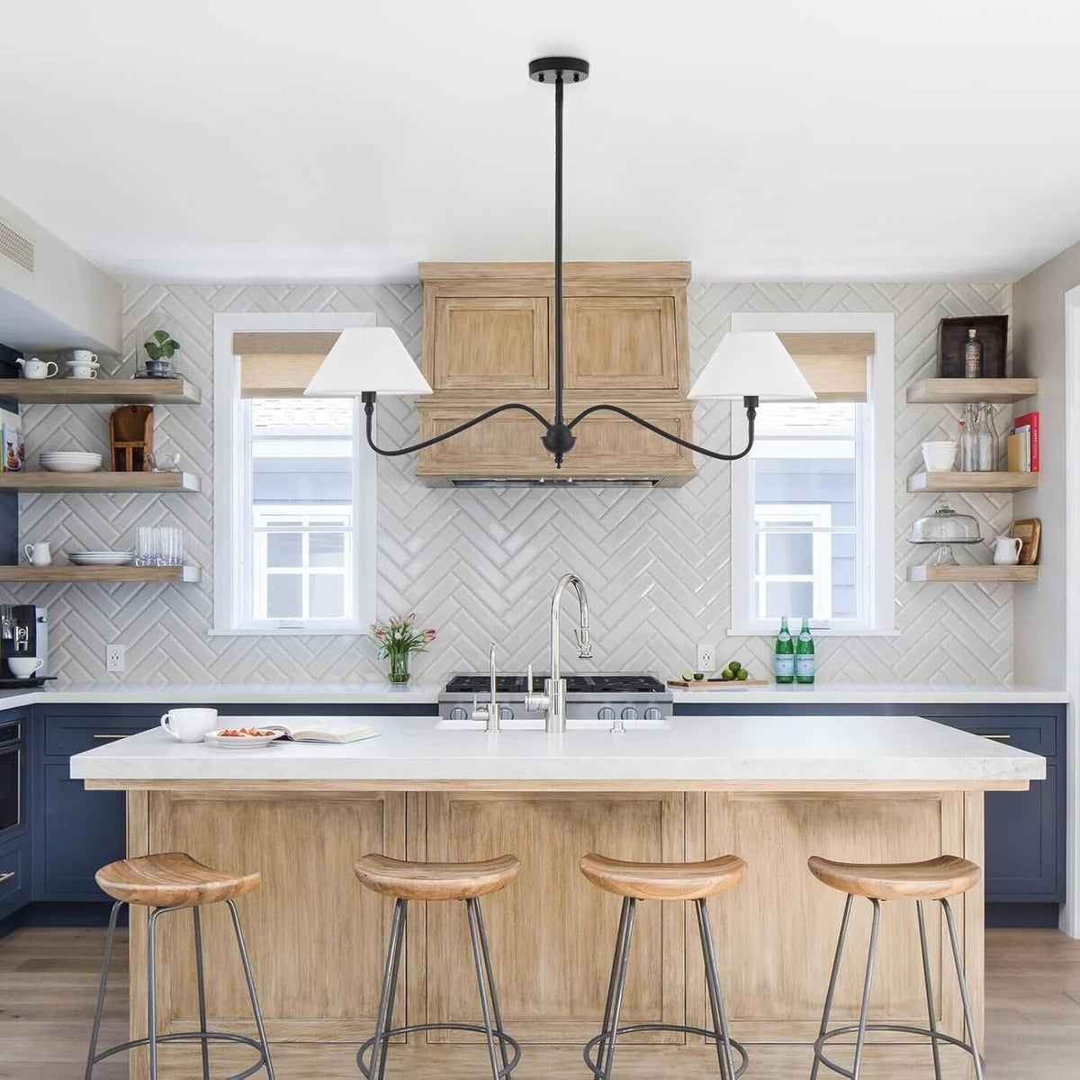 Modern Linear Chandelier for Kitchen Island, 2-Light Linear Light Fixture with Off-White Fabric Shade, Rustic Pendant Light for Dining Room