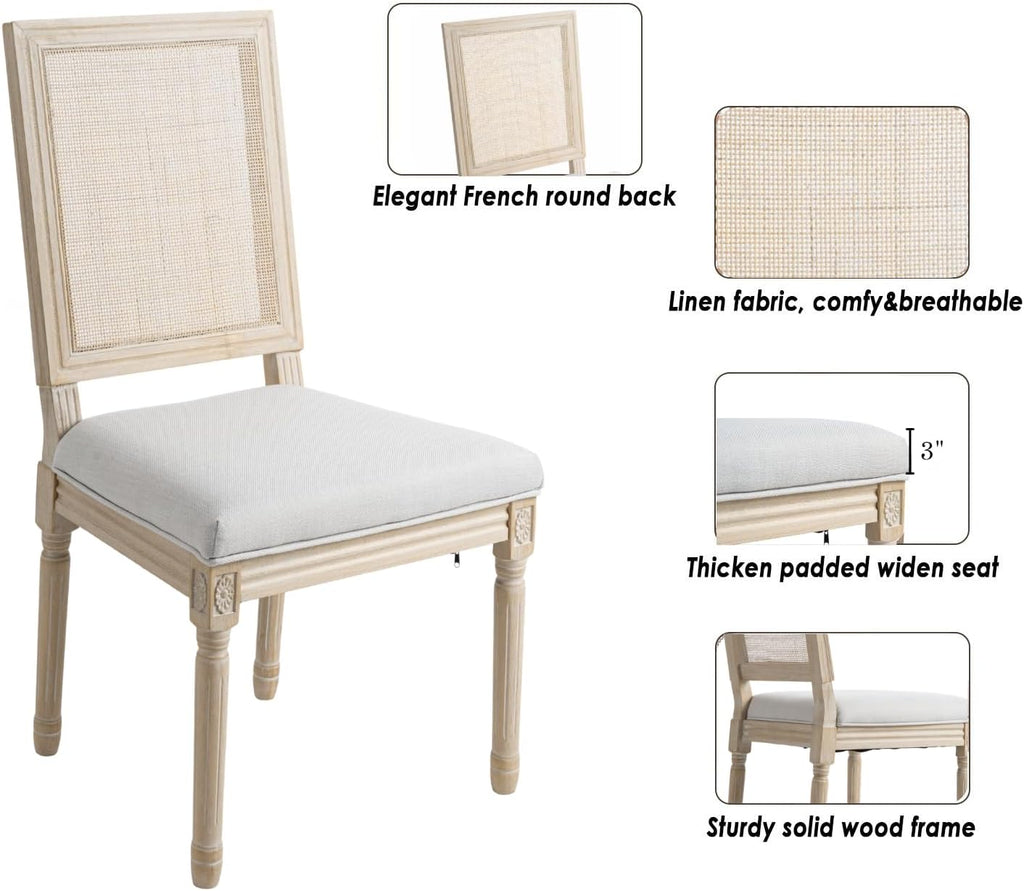 CIMOTA Farmhouse Dining Chairs Set of 8, French Rattan Dining Room Chairs with Distressed Wood Upholstered Vintage Side Chairs for Kitchen/Restaurant, Linen Beige/8PCS