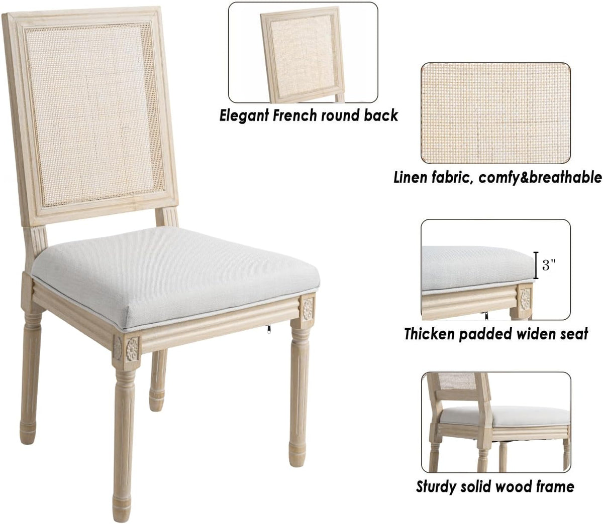 CIMOTA Farmhouse Dining Chairs Set of 8, French Rattan Dining Room Chairs with Distressed Wood Upholstered Vintage Side Chairs for Kitchen/Restaurant, Linen Beige/8PCS