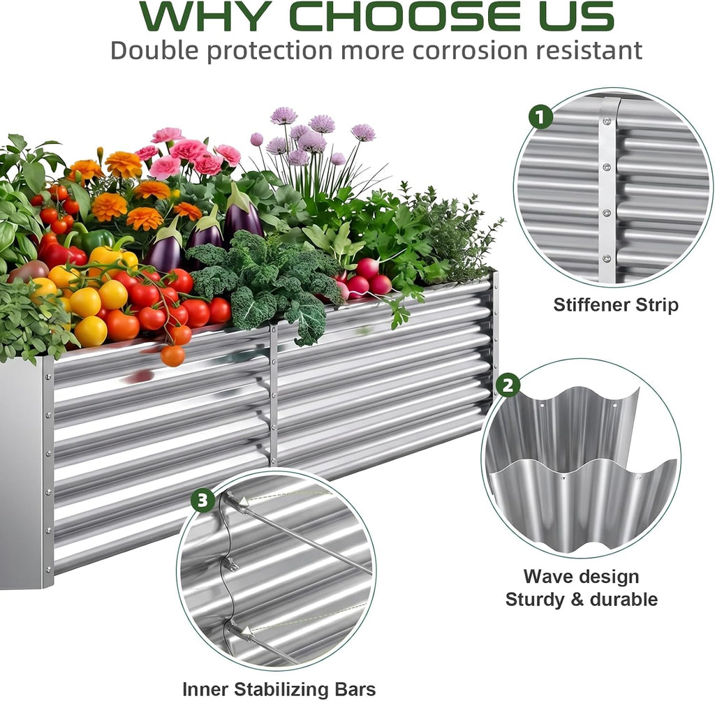 AHEONLAR 2 Pack 8×4×1.5ft Galvanized Raised Garden Beds Outdoor, Rectangle Sturdy and Durable Planter Boxes for Vegetables, Fruits, Flowers and Plants, Easy Assembly, Silver