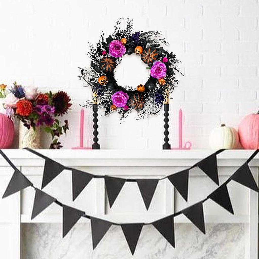 22 Inch Halloween Wreaths for Front Door Artificial Black Welcome Wreath with Pumpink Rose Skeleton Hand Indoor Outdoor Wall Holiday Decorations