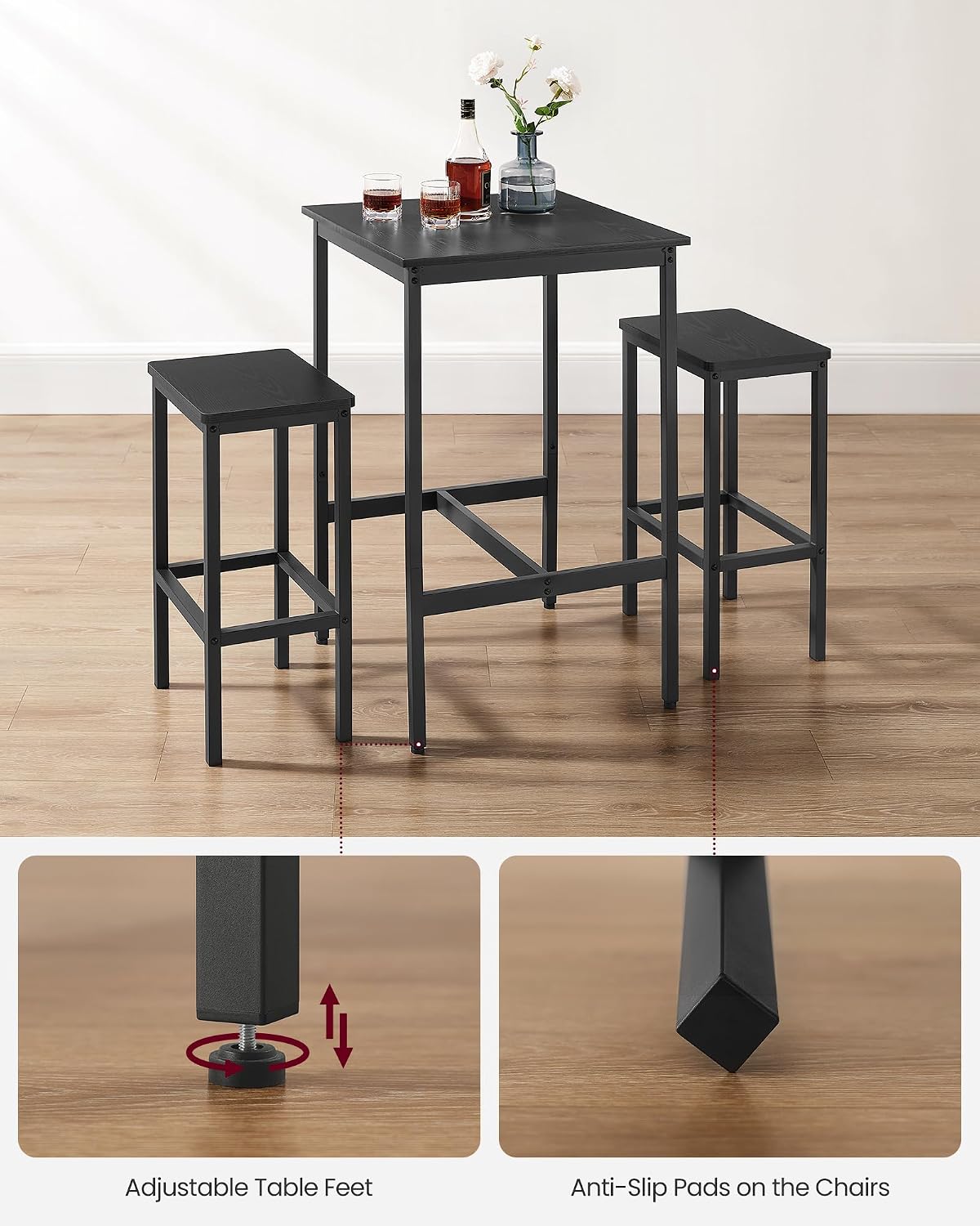 VASAGLE Bar Table and Chairs Set, Square, with 2 Stools, Space Saving