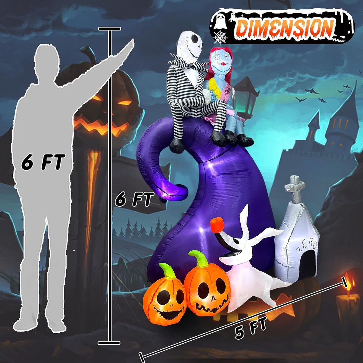 6 FT Halloween Inflatables Outdoor Decoration, Blow Up Yard Decorations with Spooky Skeleton Couple with Ghost Pumpkin and Dog, Built-in LED for Outdoor Inflatable Decor Garden, and Lawn