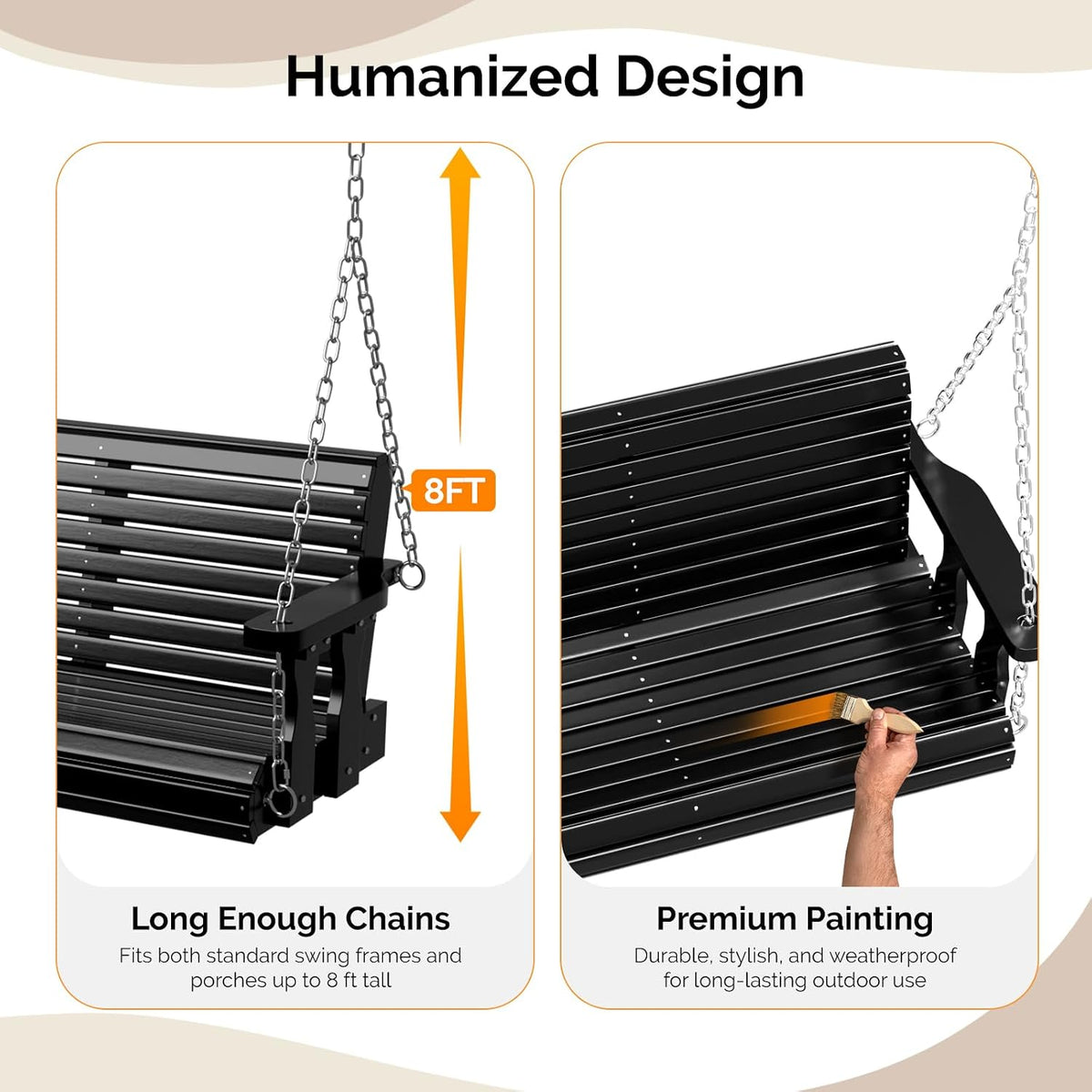 VINGLI 2026 Upgraded 4 FT Wooden Porch Swing, 880 LBS Heavy Duty, Black